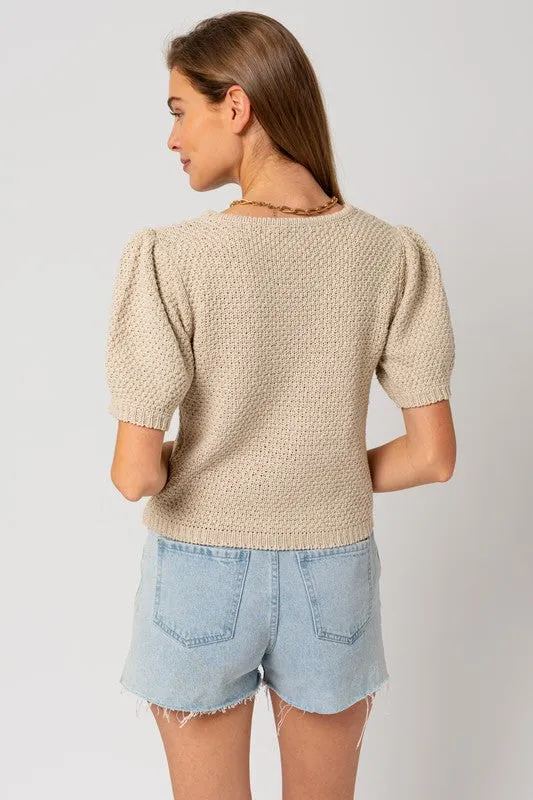 Puff Sleeve Round Neck Texture Sweater Top **This item has free shipping.**