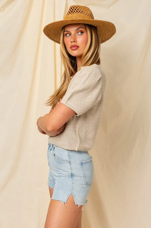 Puff Sleeve Round Neck Texture Sweater Top **This item has free shipping.**