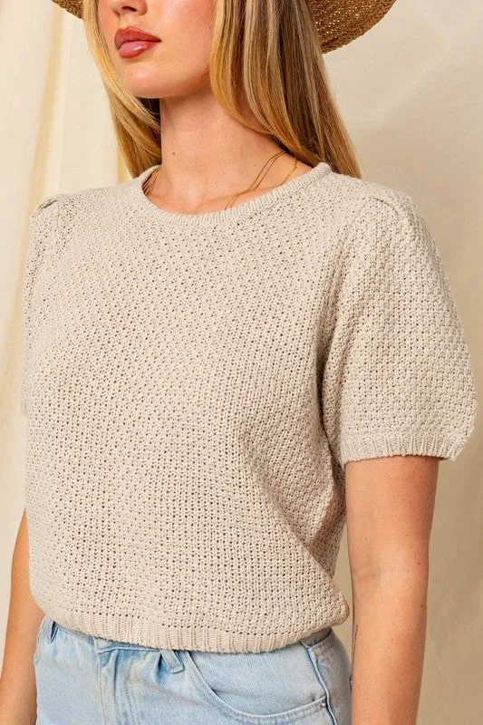 Puff Sleeve Round Neck Texture Sweater Top **This item has free shipping.**