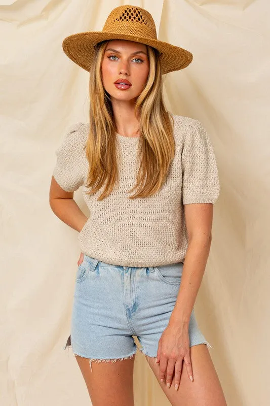 Puff Sleeve Round Neck Texture Sweater Top **This item has free shipping.**