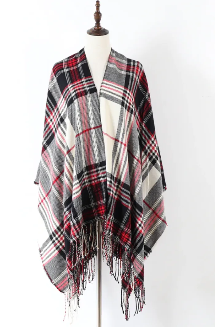 Red and Black Plaid Ruana Poncho