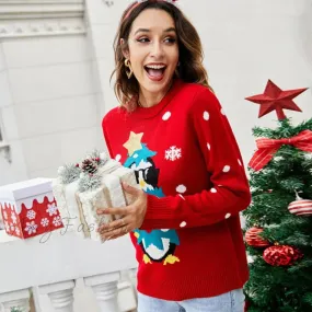 Red Sequined Knitted Christmas Sweater - Long Sleeve Casual Autumn Winter Fashion