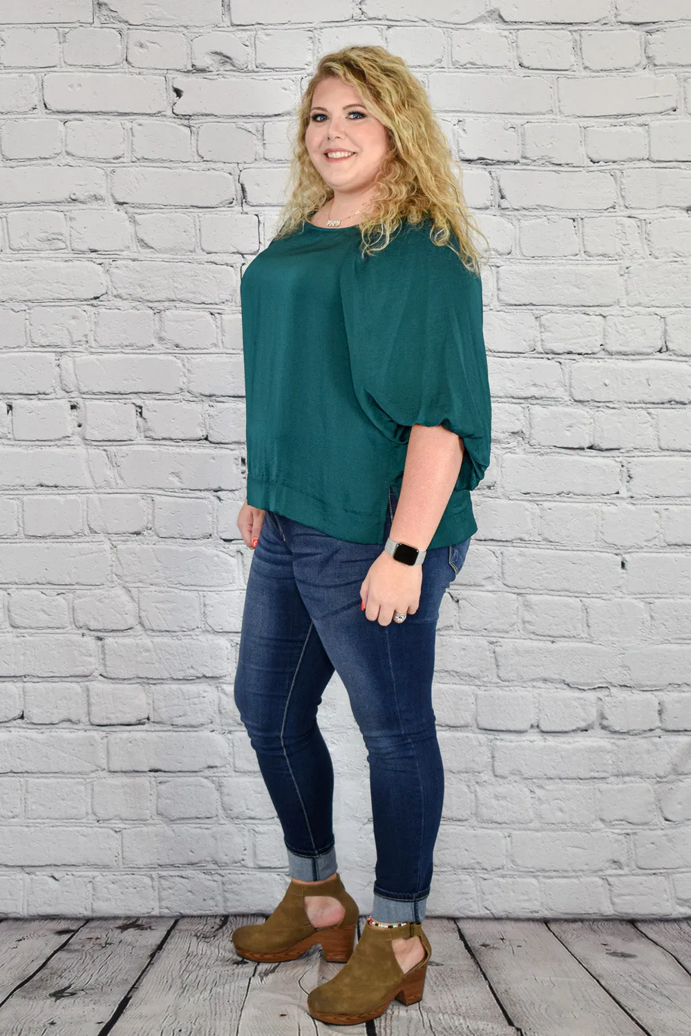Satin High Low Hem Blouse with Half Balloon Sleeves in Plus Size by Umgee Clothing