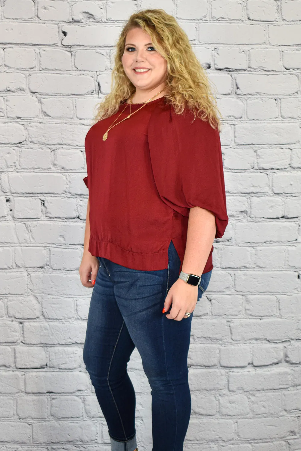 Satin High Low Hem Blouse with Half Balloon Sleeves in Plus Size by Umgee Clothing