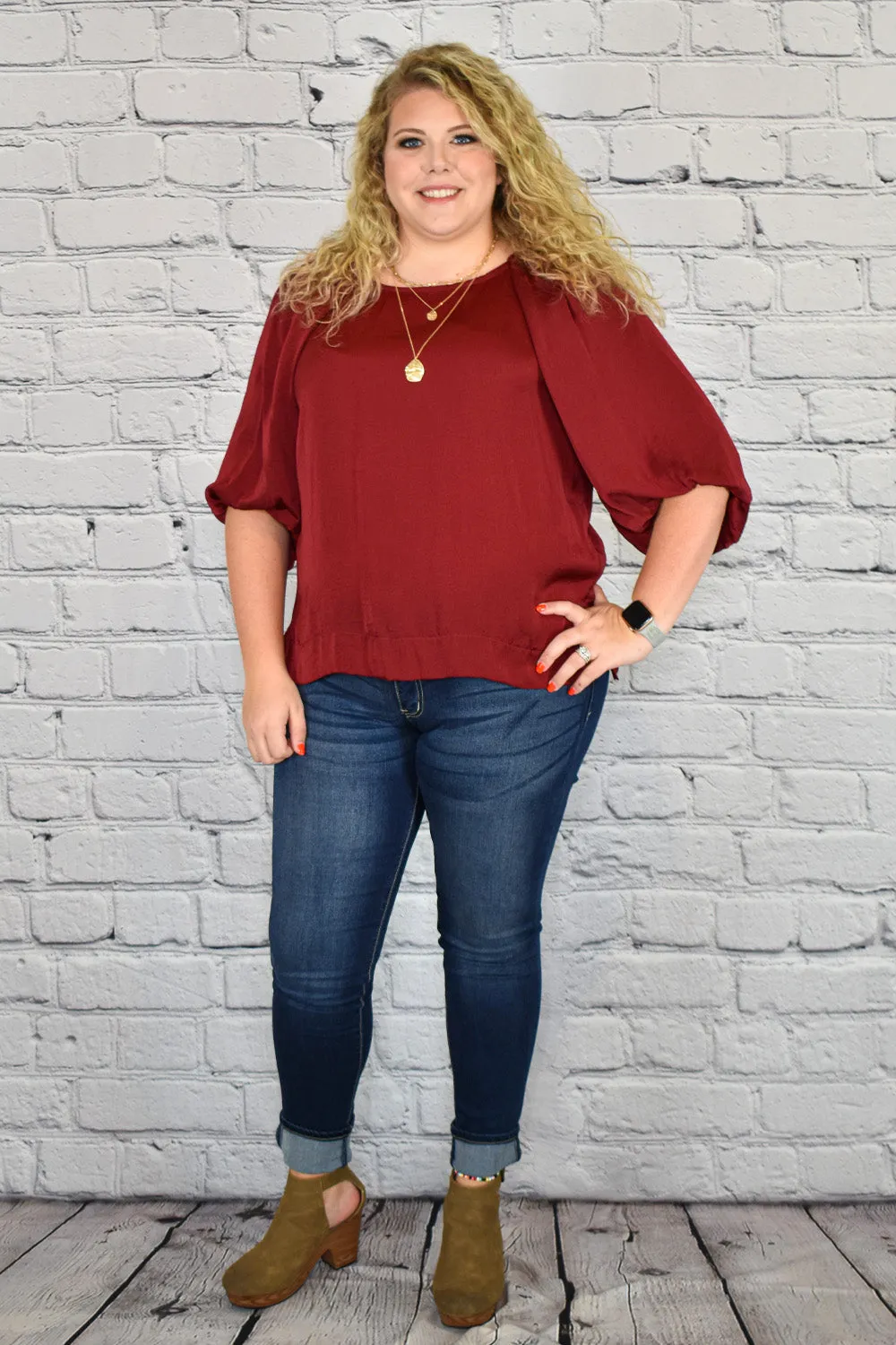 Satin High Low Hem Blouse with Half Balloon Sleeves in Plus Size by Umgee Clothing