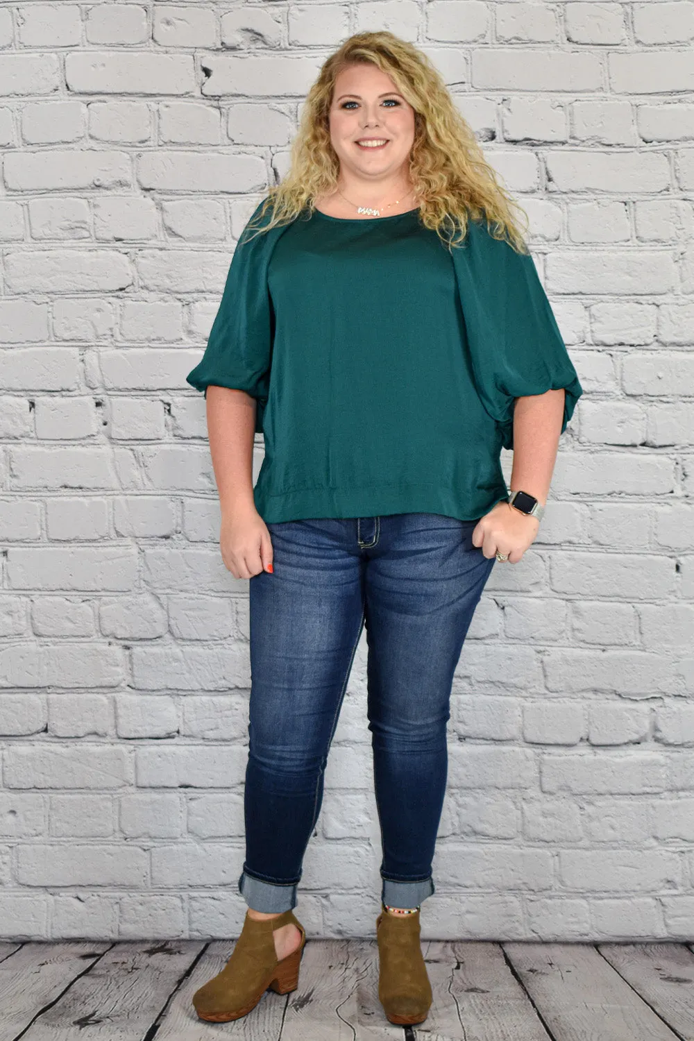 Satin High Low Hem Blouse with Half Balloon Sleeves in Plus Size by Umgee Clothing