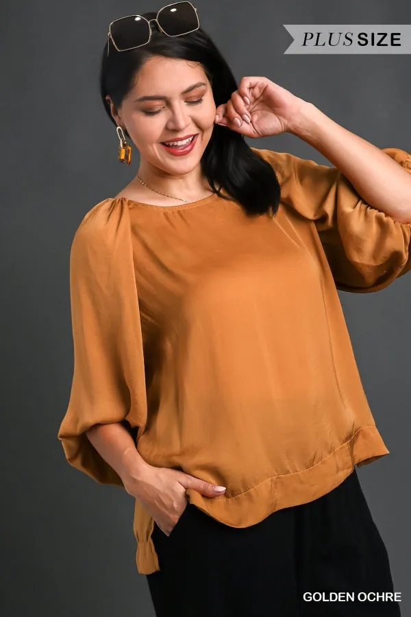 Satin High Low Hem Blouse with Half Balloon Sleeves in Plus Size by Umgee Clothing