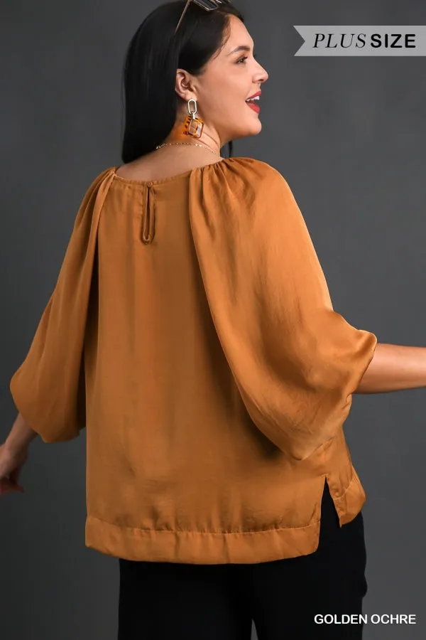 Satin High Low Hem Blouse with Half Balloon Sleeves in Plus Size by Umgee Clothing