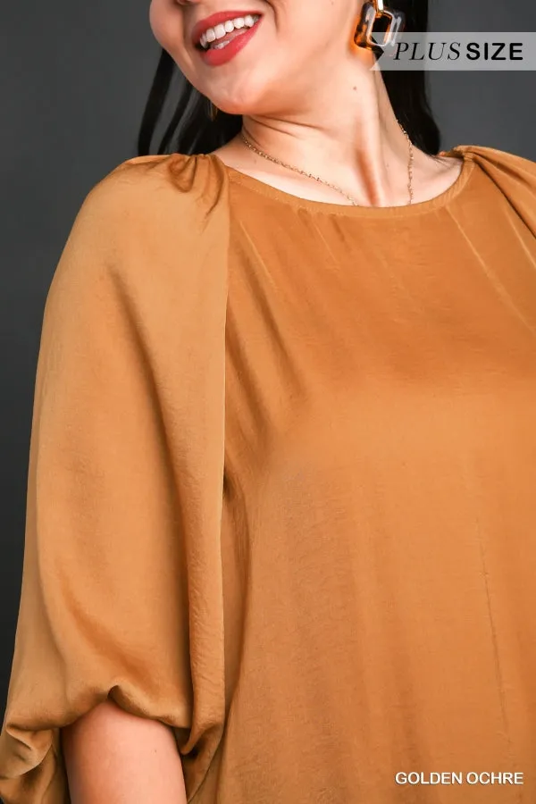 Satin High Low Hem Blouse with Half Balloon Sleeves in Plus Size by Umgee Clothing