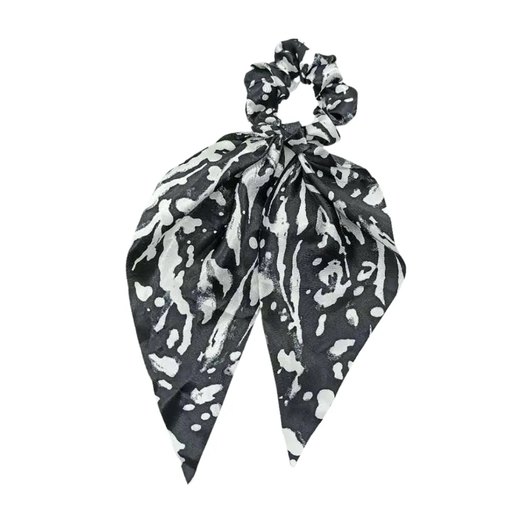Scrunchie   Long Wide Tie - Black   White Tie Dye