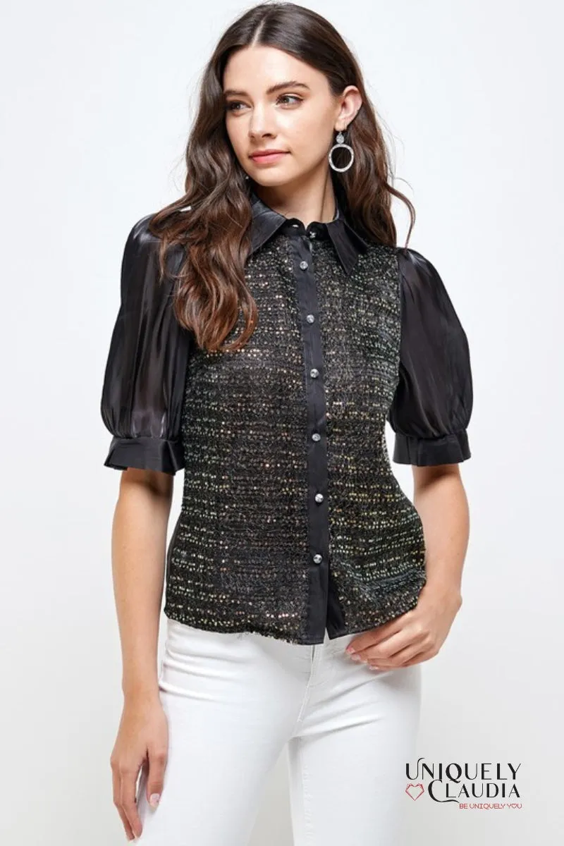 Tabitha Bronze Sequence Lurex Black Blouse