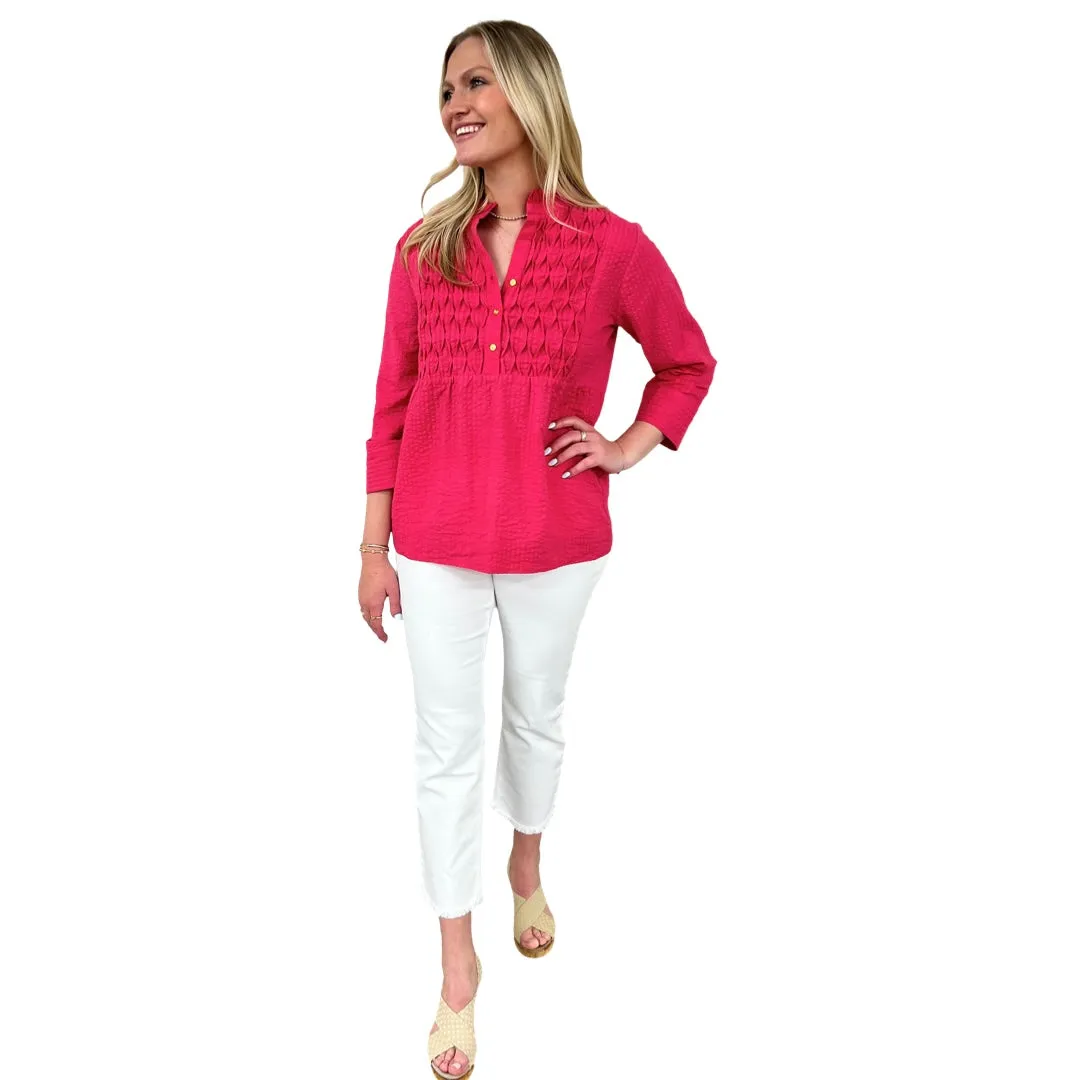 The Veronica Seer-Sucker Cotton Smocked Top in Fuschia Pink