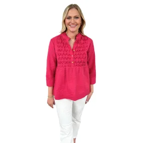 The Veronica Seer-Sucker Cotton Smocked Top in Fuschia Pink