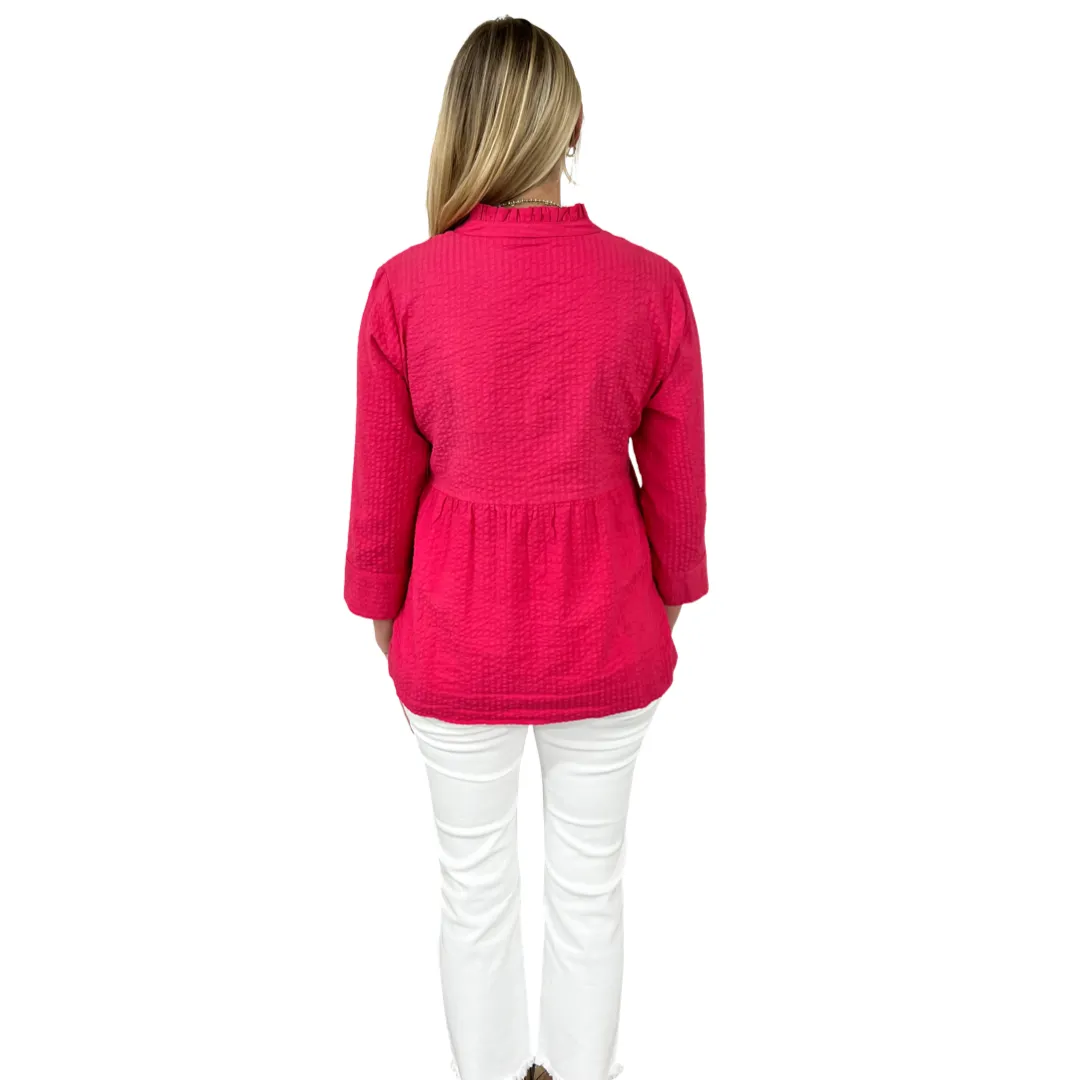 The Veronica Seer-Sucker Cotton Smocked Top in Fuschia Pink