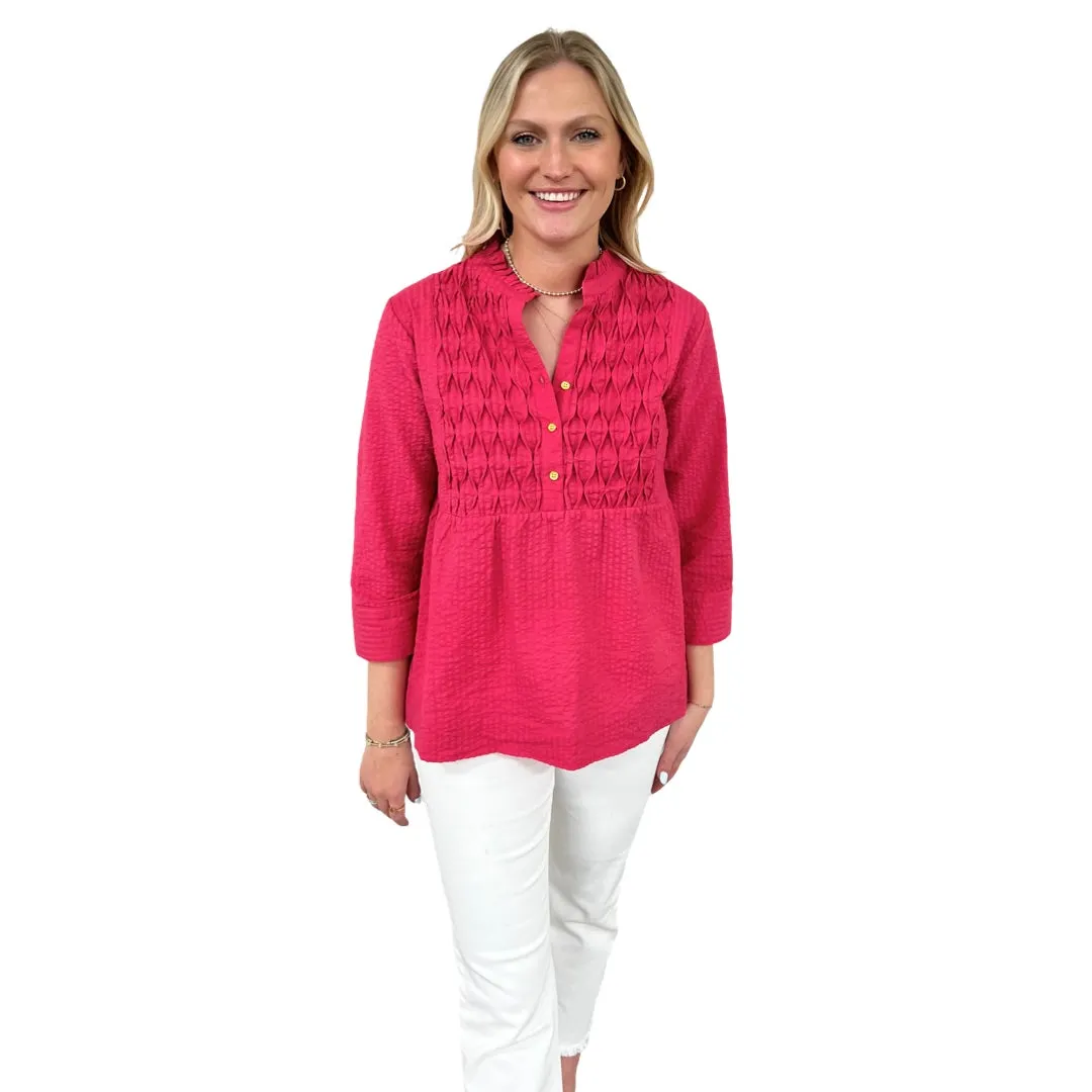 The Veronica Seer-Sucker Cotton Smocked Top in Fuschia Pink