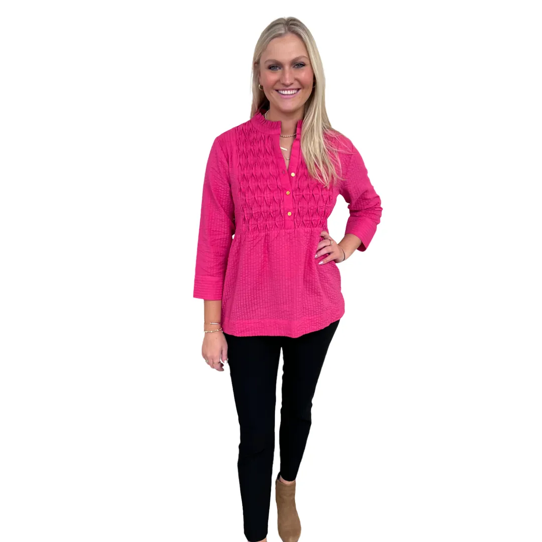 The Veronica Seer-Sucker Cotton Smocked Top in Fuschia Pink