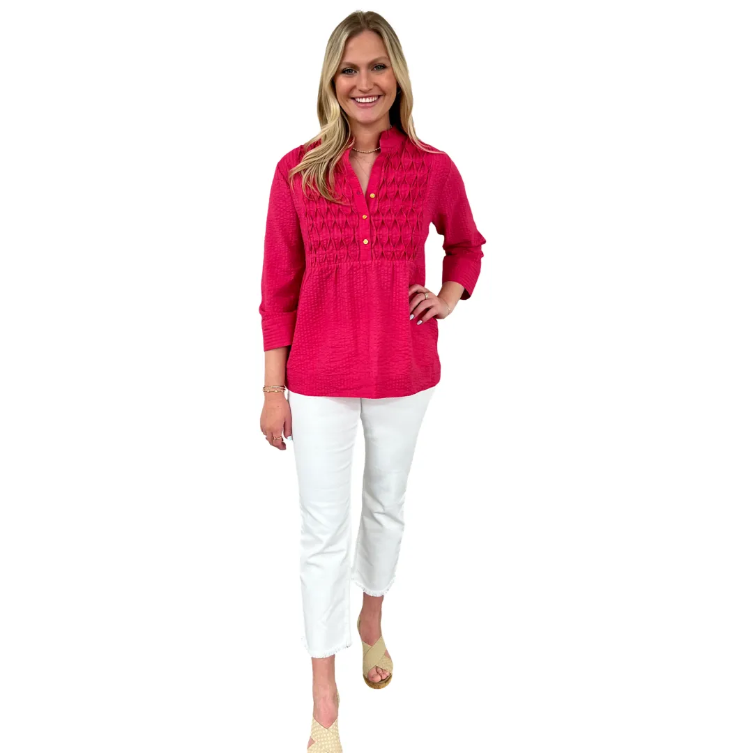 The Veronica Seer-Sucker Cotton Smocked Top in Fuschia Pink