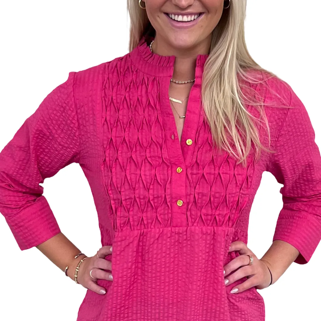 The Veronica Seer-Sucker Cotton Smocked Top in Fuschia Pink