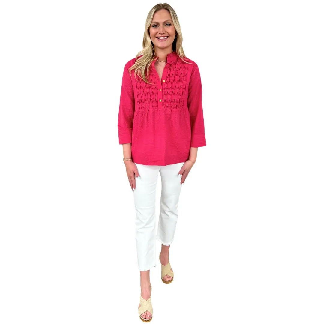 The Veronica Seer-Sucker Cotton Smocked Top in Fuschia Pink