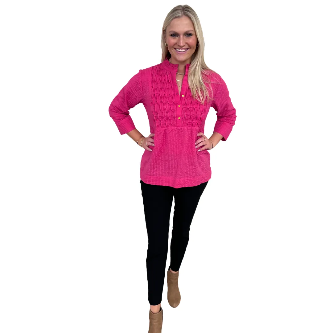 The Veronica Seer-Sucker Cotton Smocked Top in Fuschia Pink