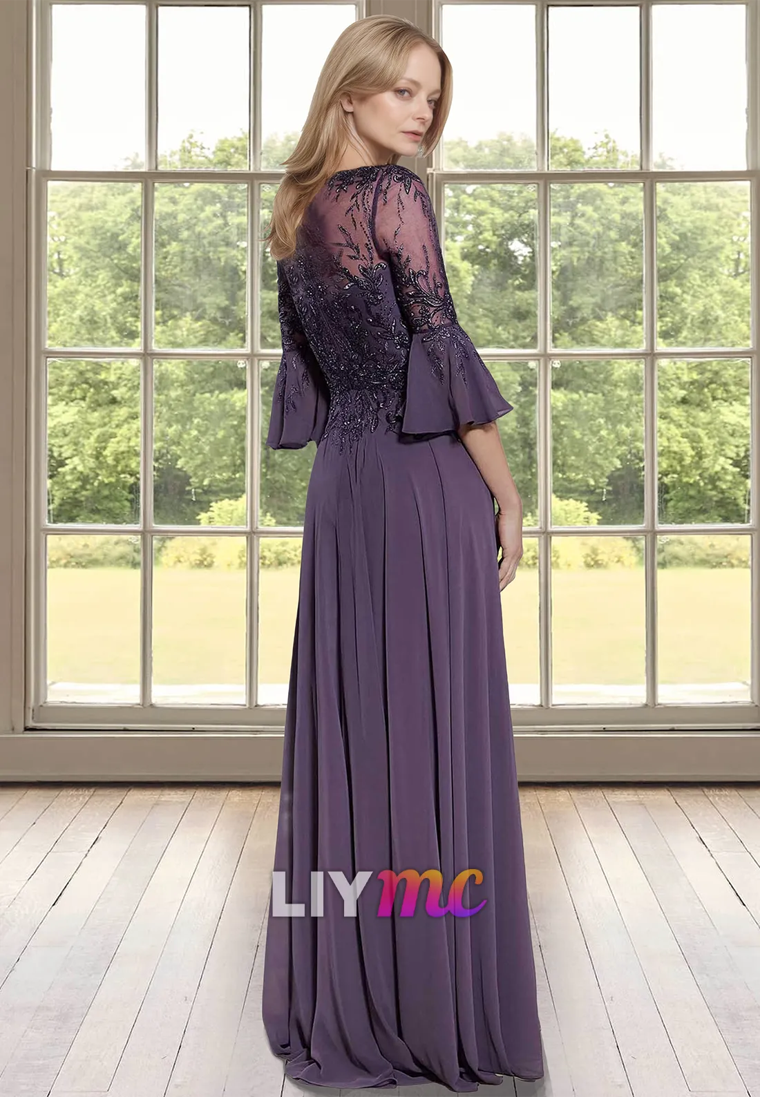 V-Neck Long Sleeves Appliques Pleated Chiffon A-Line Prom Dress