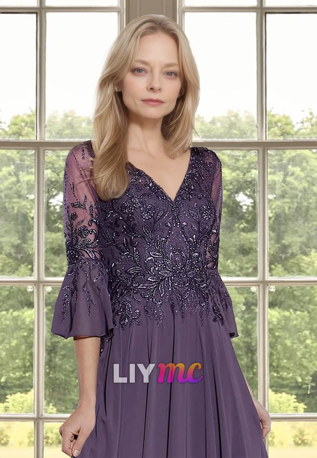 V-Neck Long Sleeves Appliques Pleated Chiffon A-Line Prom Dress