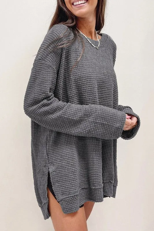 Waffle Knit Drop Slits Oversized Top