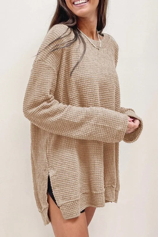Waffle Knit Drop Slits Oversized Top