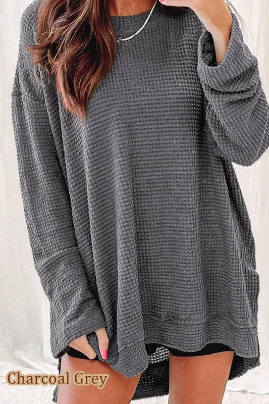 Waffle Knit Drop Slits Oversized Top