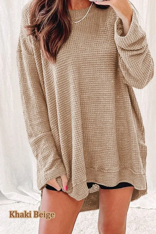 Waffle Knit Drop Slits Oversized Top