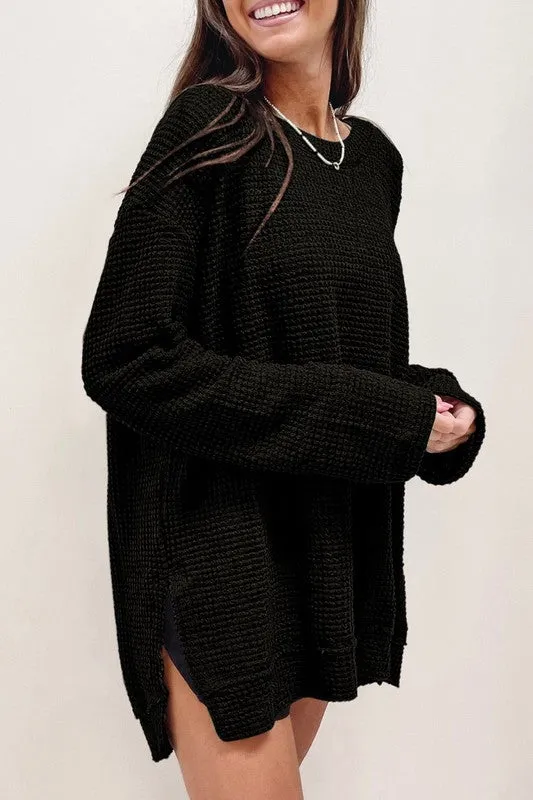 Waffle Knit Drop Slits Oversized Top