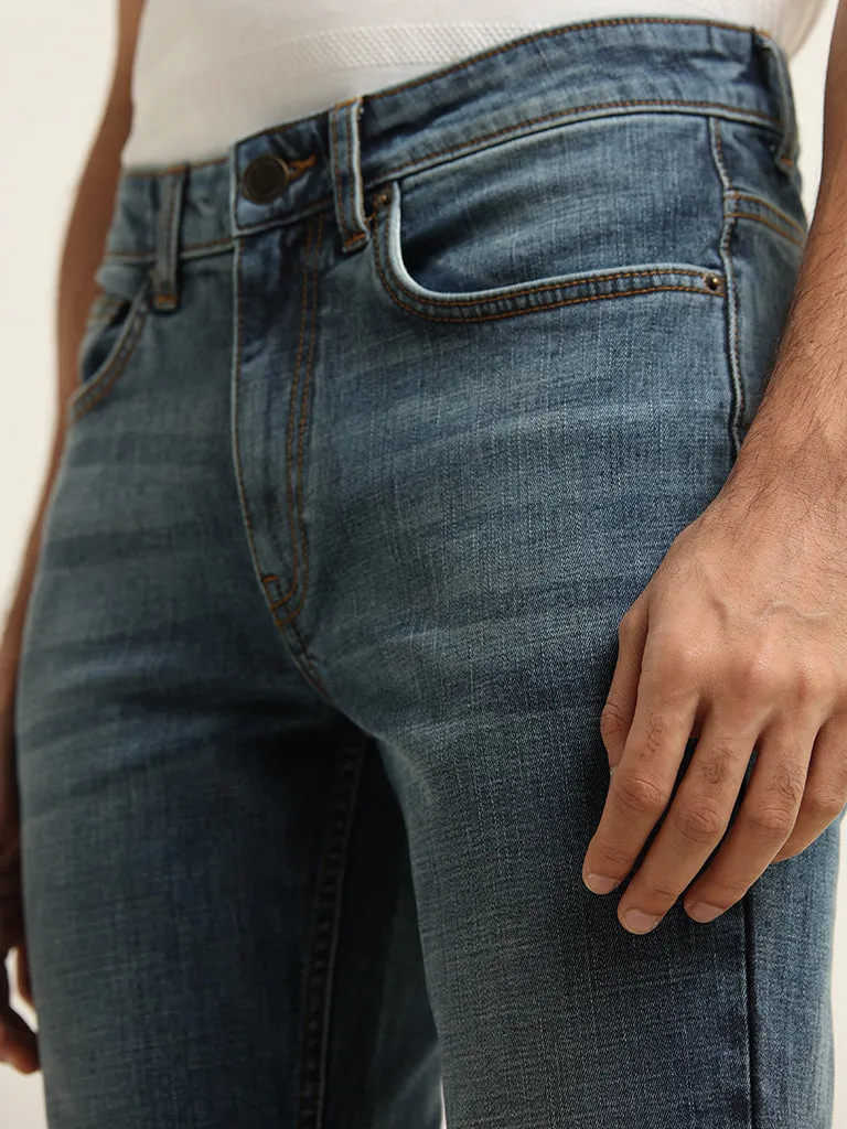 WES Casuals Blue Washed Relaxed-Fit Mid Rise Jeans