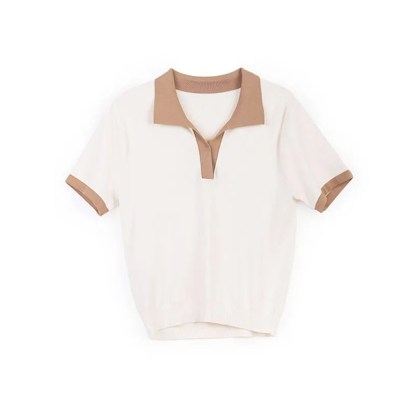 White-Beige Short Sleeve Polo Collar T-shirt
