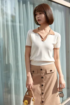 White-Beige Short Sleeve Polo Collar T-shirt