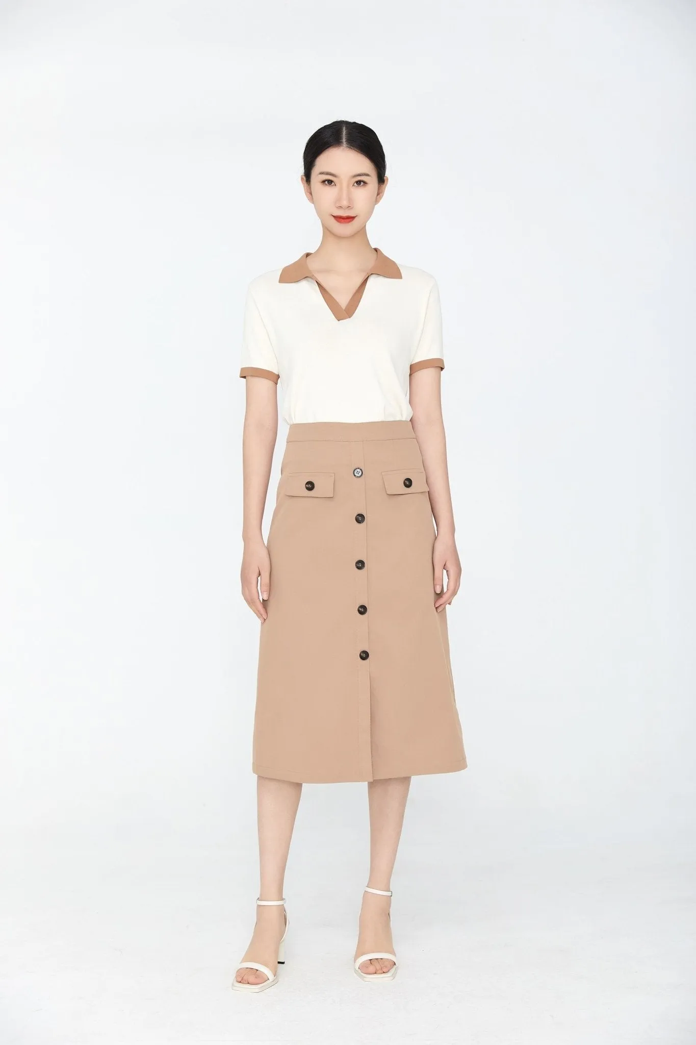 White-Beige Short Sleeve Polo Collar T-shirt