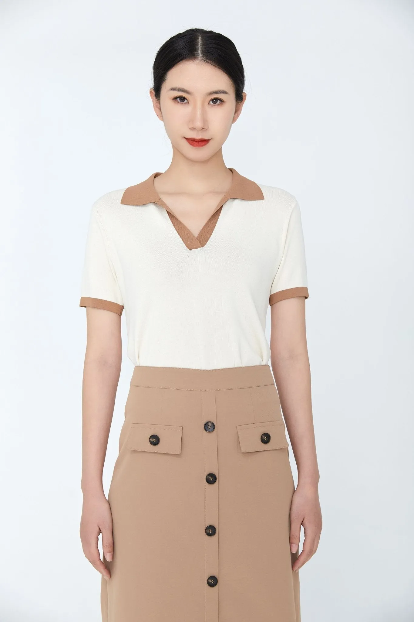 White-Beige Short Sleeve Polo Collar T-shirt