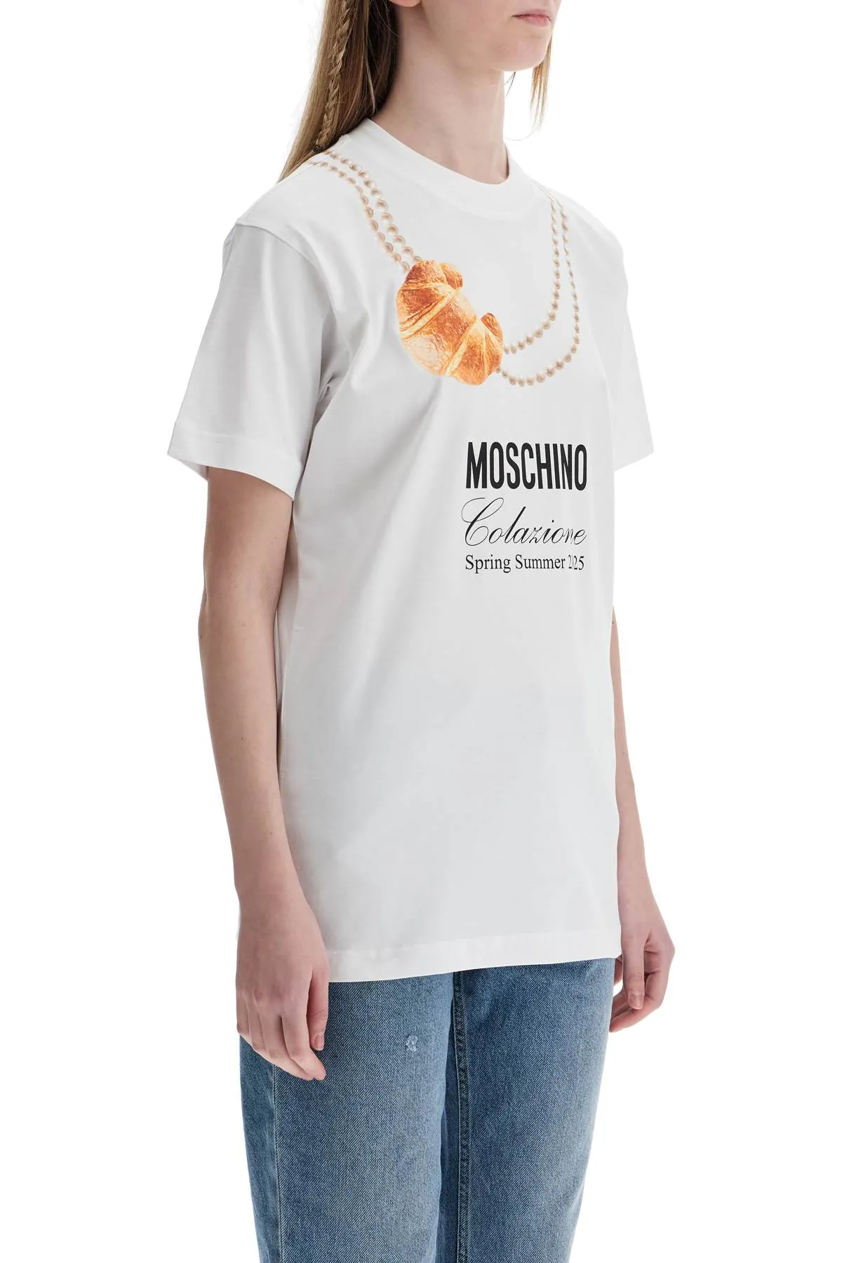 WHITE COTTON T-SHIRT WITH CROISSANT AND PEARLS PRINT
