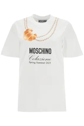 WHITE COTTON T-SHIRT WITH CROISSANT AND PEARLS PRINT