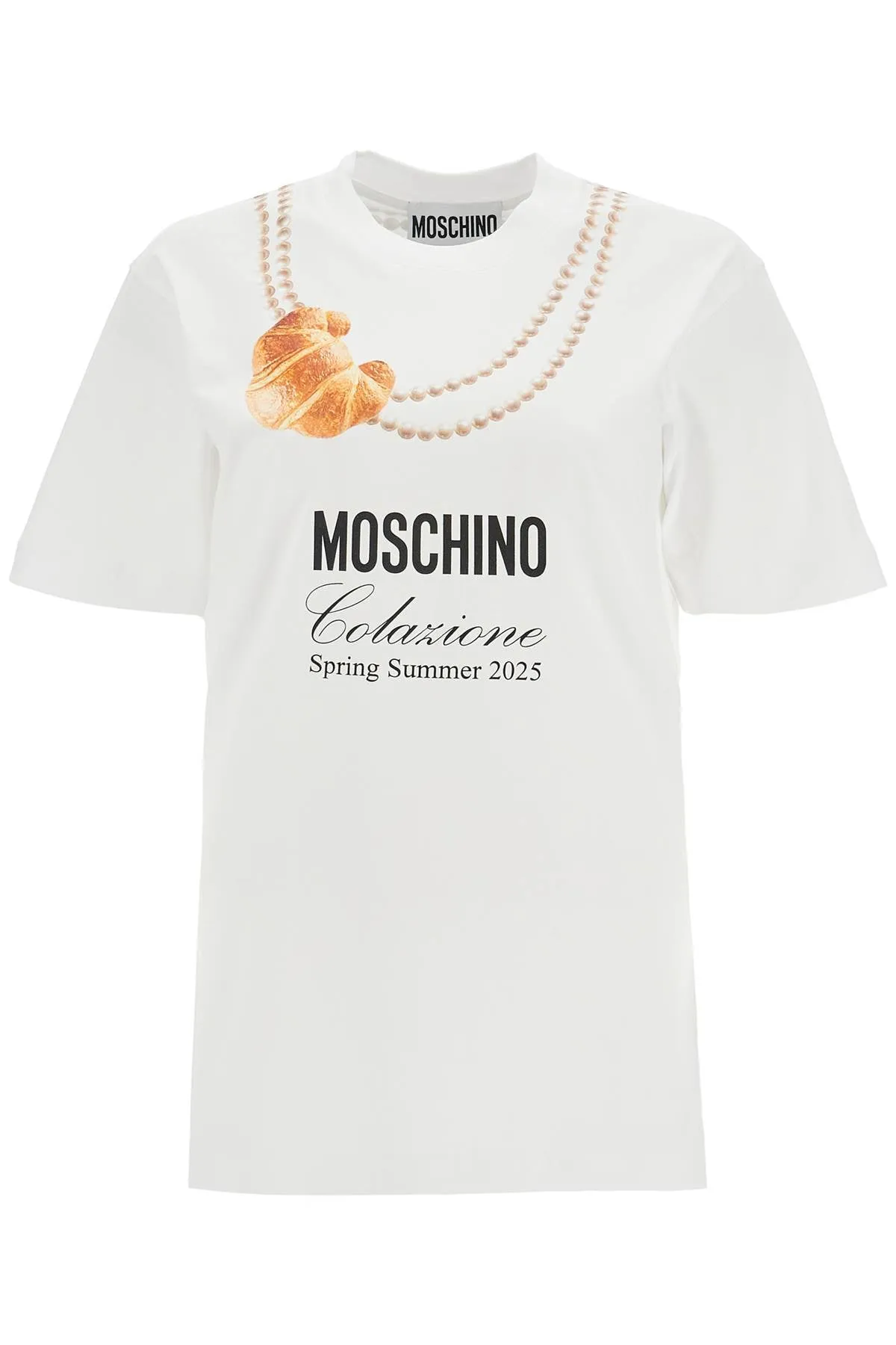 WHITE COTTON T-SHIRT WITH CROISSANT AND PEARLS PRINT