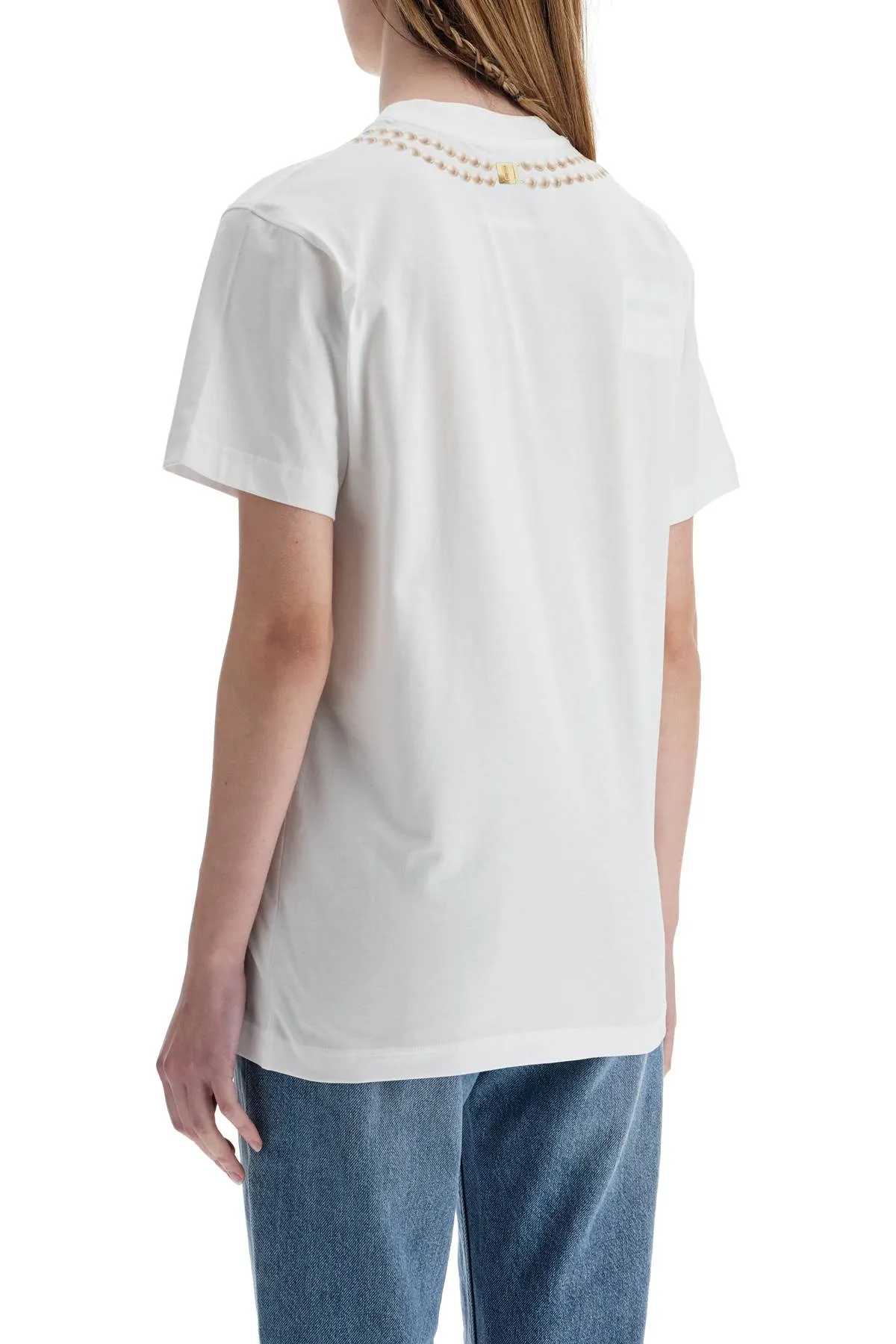 WHITE COTTON T-SHIRT WITH CROISSANT AND PEARLS PRINT