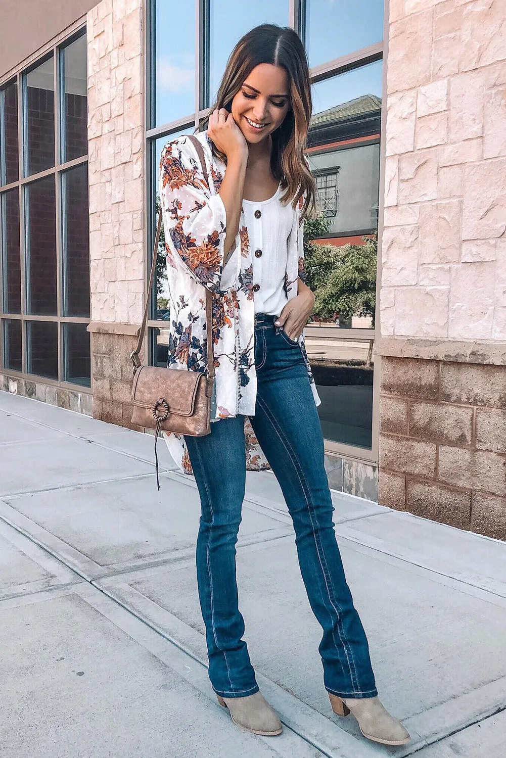 White Floral Print Open Front Bell Sleeve kimono