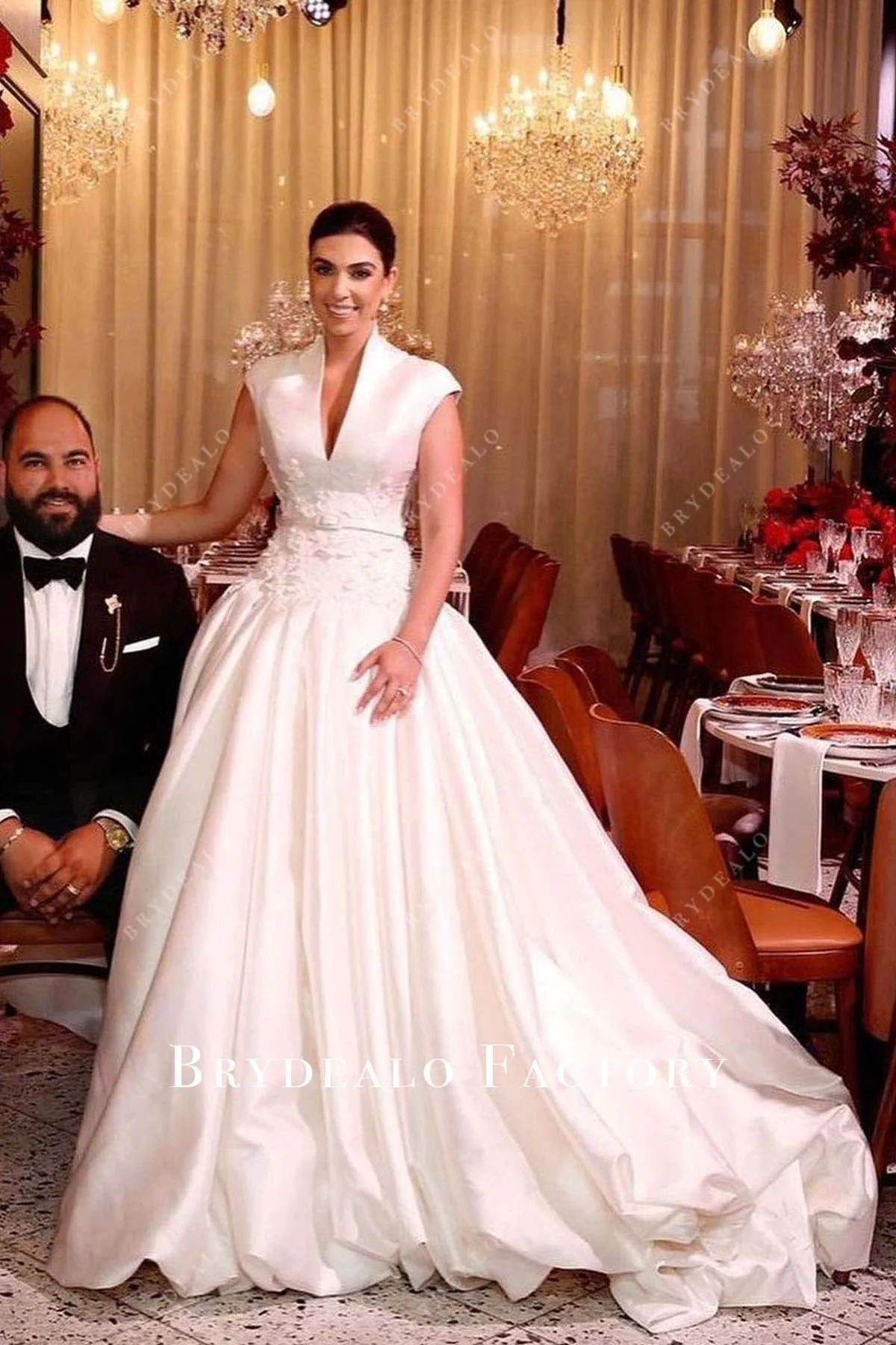 White Mikado Cap Sleeves Lace Long Train Wedding Gown