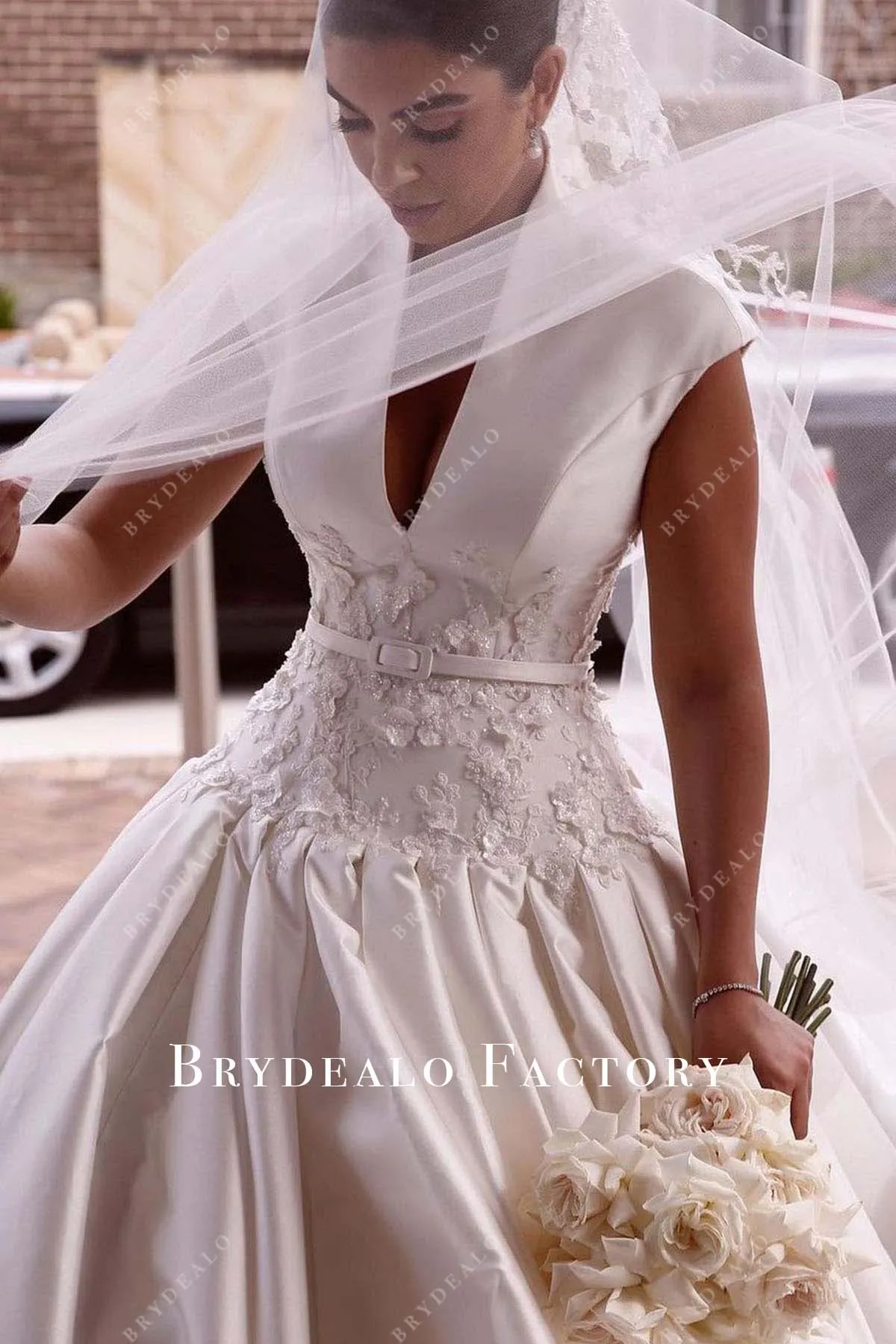 White Mikado Cap Sleeves Lace Long Train Wedding Gown