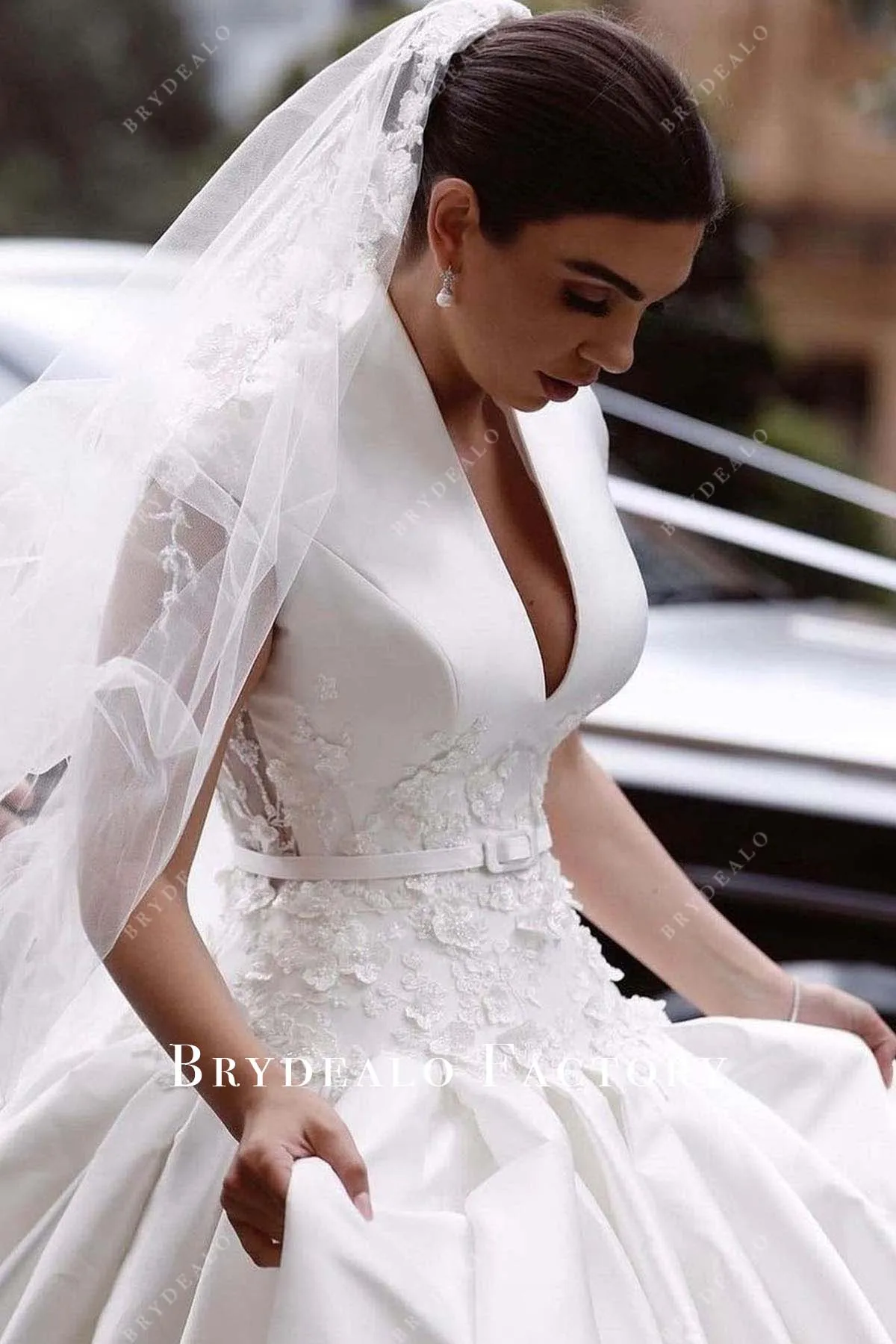 White Mikado Cap Sleeves Lace Long Train Wedding Gown