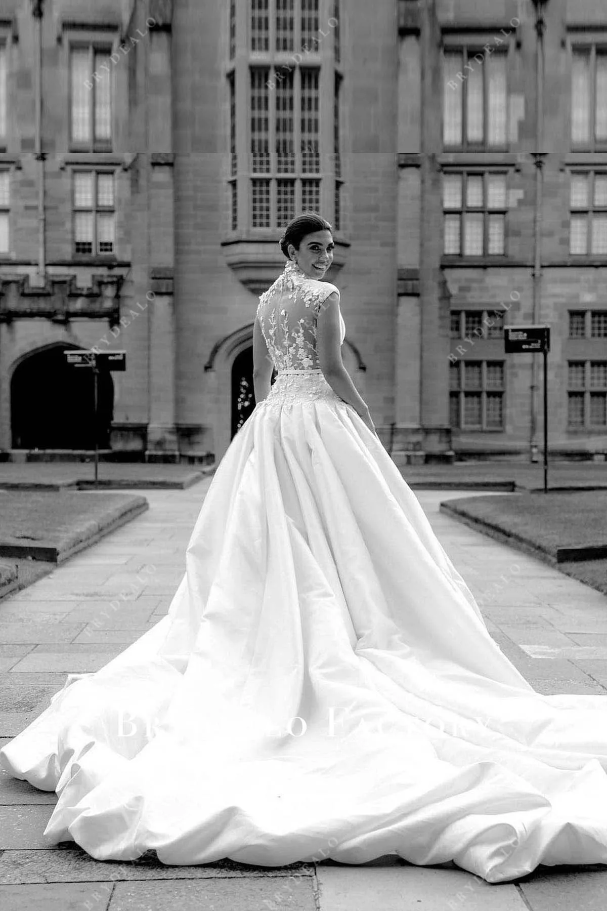 White Mikado Cap Sleeves Lace Long Train Wedding Gown