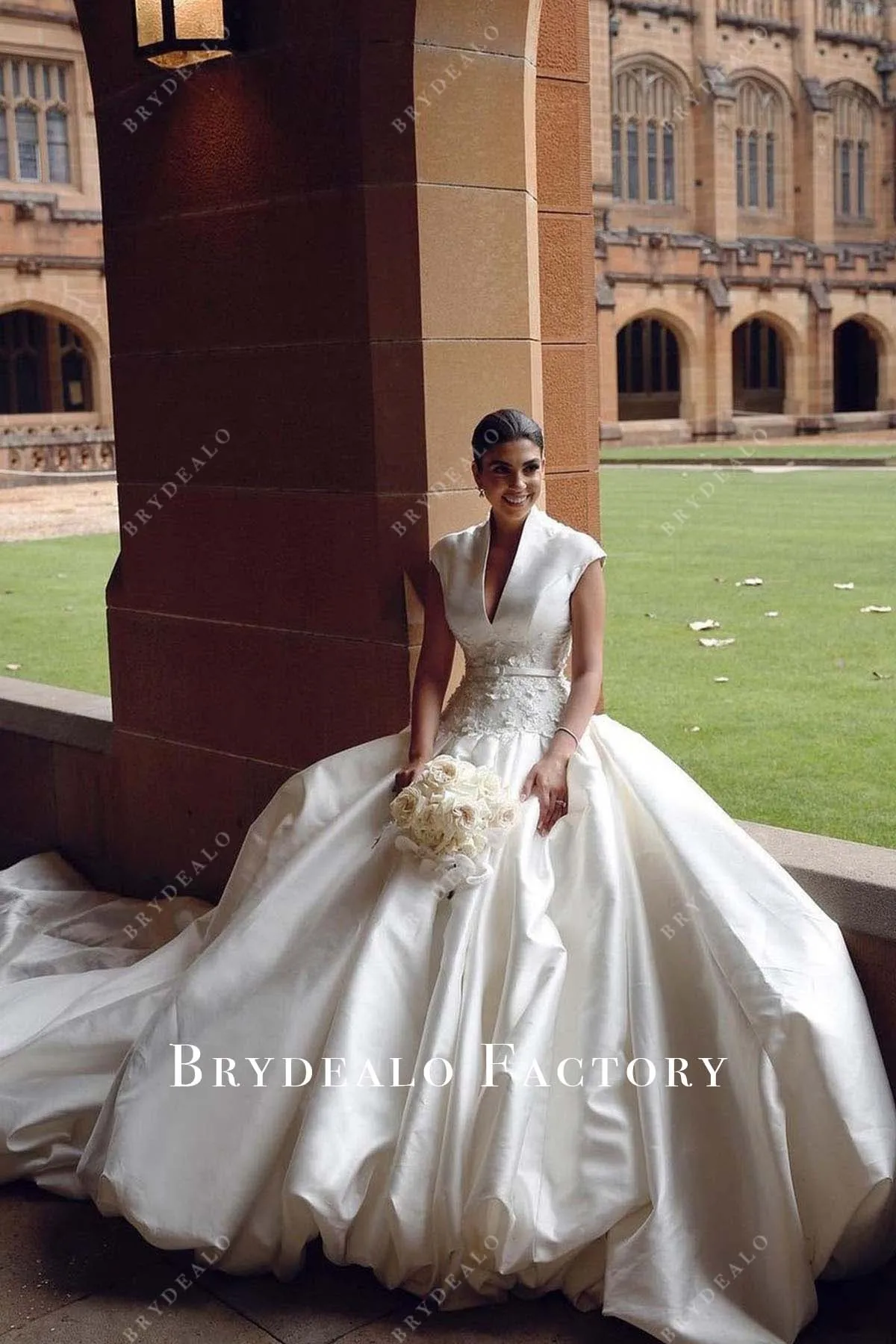 White Mikado Cap Sleeves Lace Long Train Wedding Gown
