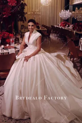 White Mikado Cap Sleeves Lace Long Train Wedding Gown