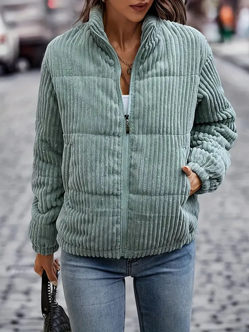 Winterjas voor dames - Gewatteerde geribde look, ritssluiting, verwarmend