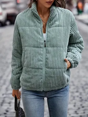 Winterjas voor dames - Gewatteerde geribde look, ritssluiting, verwarmend
