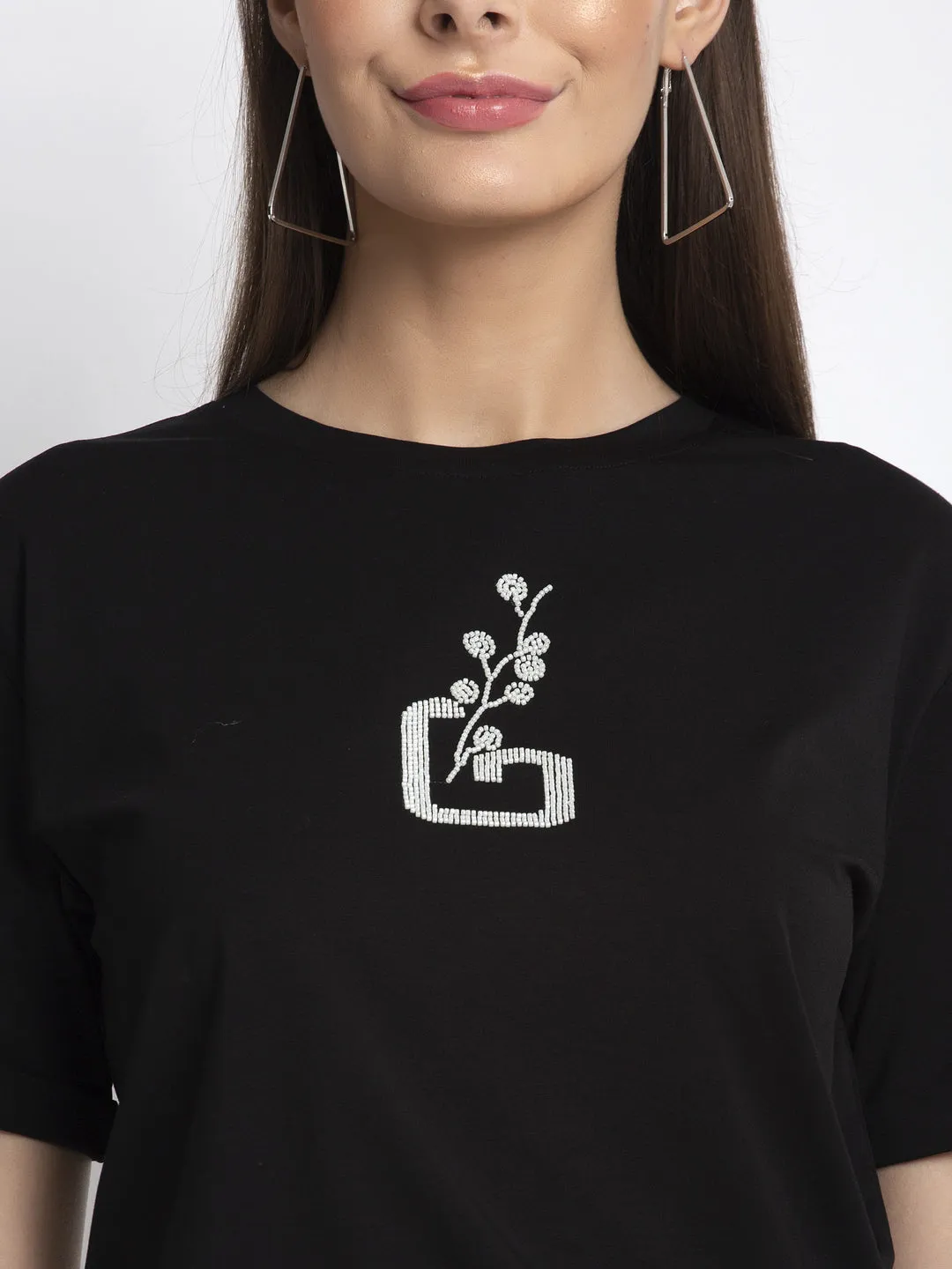 Women Black Crew Neck Solid Top